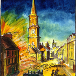 A bomb lands on Baillie's shop, (artist S. Carruthers).jpg